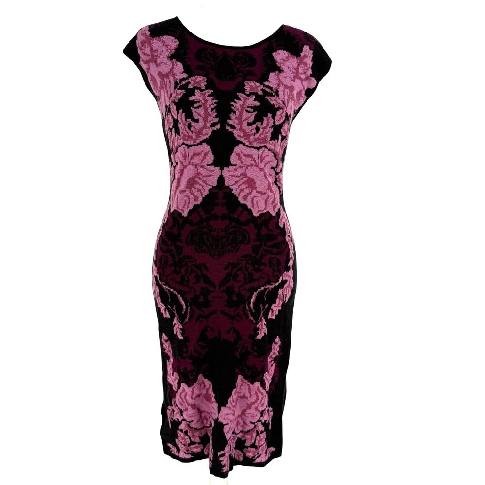 Ann Taylor Baroque Floral Jacquard Knit Bodycon Sweater Dress XS Burgundy Black